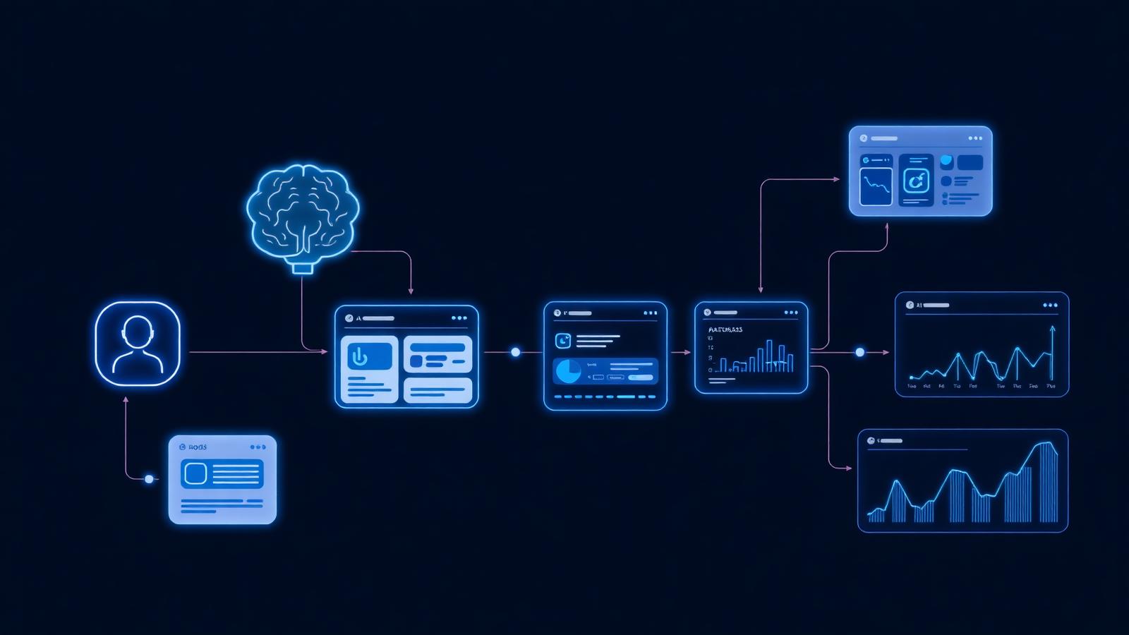 AI social media workflow diagram showing brand input flowing through AI agents to content and analytics